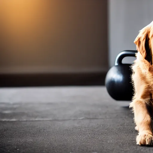 Prompt: A very small golden retriever, next to a huge kettlebell, award winning photo, 4k, highly detailed, 35mm lens, bokeh