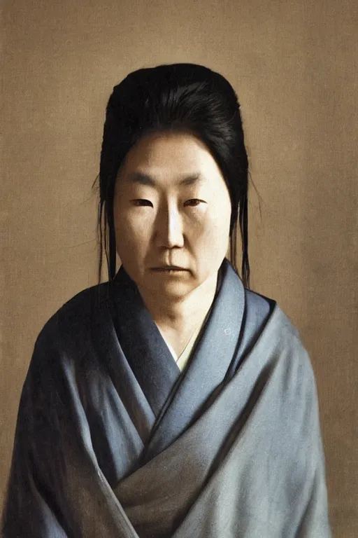 Image similar to native japanese woman with partially masked face, highly realistic, moody lighting, by wang neng jun