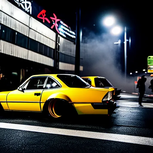 Image similar to a car S30 turbo drift at illegal car meet, shibuya prefecture, midnight mist streetlights, color grade, photorealistic, highly detailed wheels, highly detailed