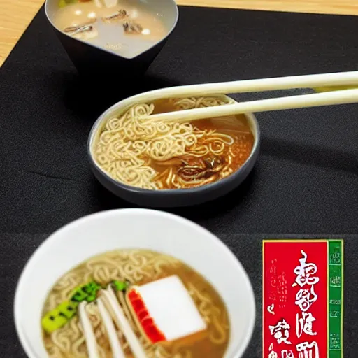 Image similar to wise old fly with a white beard eats ramen with chopsticks, anime, fantasy