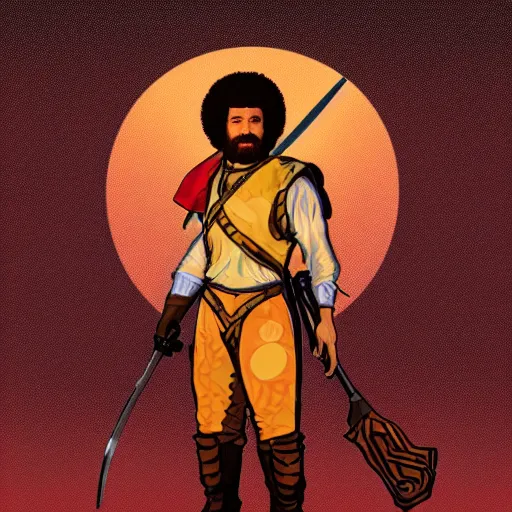 Prompt: an ultra detailed vector image of bob ross dressed as solaire of astora, concept art by alphonse mucha and greg rutkowski, bright red desert sands, bright yellow and red sun, octane render, praise the sun