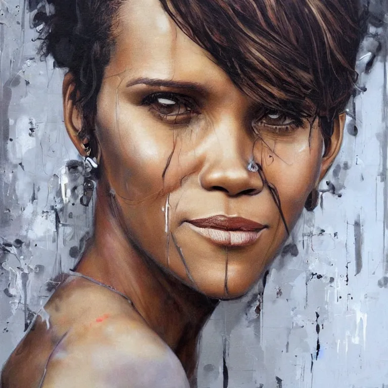 Image similar to Street-art portrait of Halle Maria Berry in style of Etam Cru, photorealism, elegant woman, beautiful woman