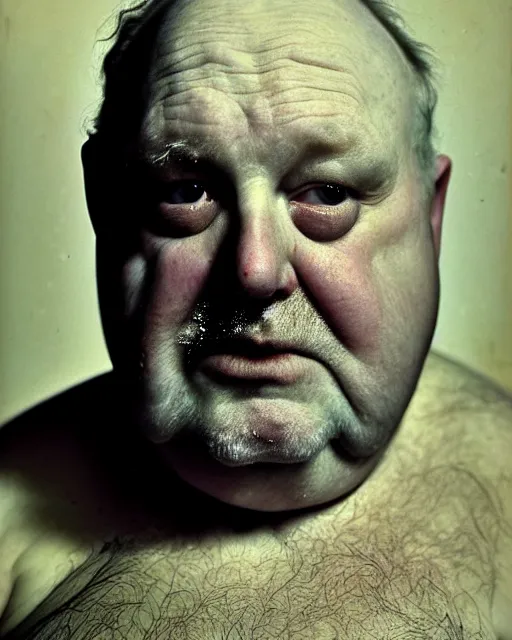 Prompt: an extreme close up portrait a very ordinary overweight old man with an blank expression, by joel peter witkin and sarah moon, very pale skin, very blurry, translucent white skin, foggy, oil painting, photorealistic, anatomically correct, beautiful perfect face, visible brushstrokes, sharp focus, highly detailed, cinematic lighting, 8 k, hd