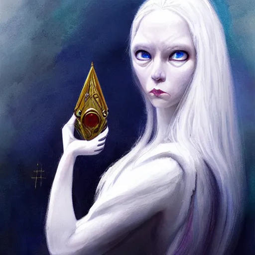 Image similar to portrait of small, cute, rubbery, huge-eyed, big-lipped albino mutant priestess with elaborate white hair with serious expression; science fiction concept art by Anato Finnstark, Margaret Keane, Greg Rutkowski