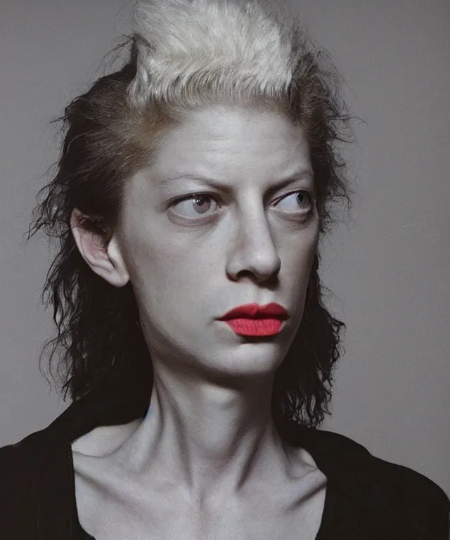 Image similar to a color photograph asia kate dillon, by robert mapplethorpe, intense, bold, exaggerated, overblown, hyperrealistic, ultra sharp, extra details, ultra high quality, trending on pinteresst