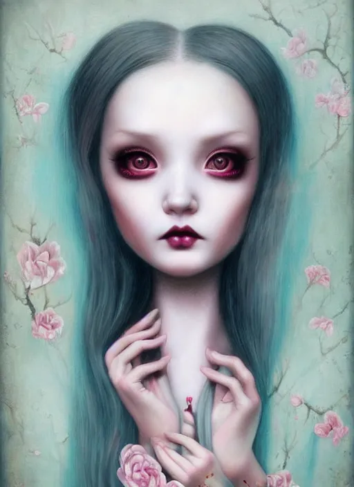 Image similar to pop surrealism, lowbrow art, realistic cute seductive girl painting, japanese street fashion, hyper realism, muted colours, rococo, natalie shau, loreta lux, tom bagshaw, mark ryden, trevor brown style,