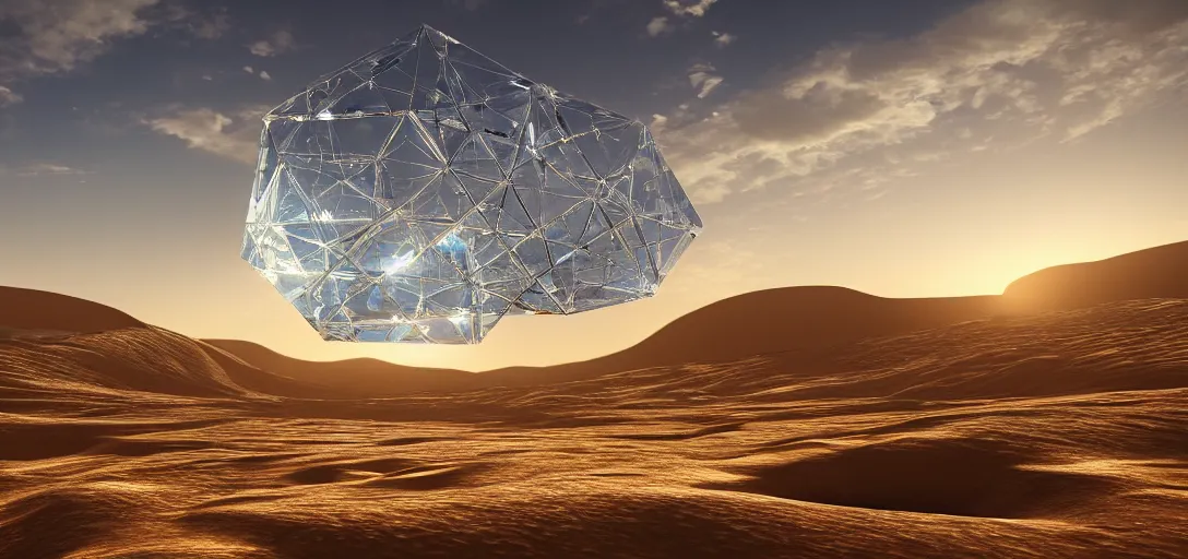 Image similar to an amazingly stunning picture of a transparent crystal structure floating high up in the sky over a desert, entrapping the souls that got lost in the desert, intricate detail, sunset, serene, volumetric lighting, volumetric clouds, 8 k, photorealistic, digital art trending on artstation