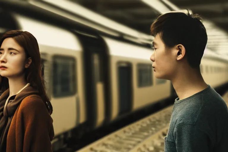 Image similar to vfx film closeup couple in a train station flat color profile low - key lighting award winning photography arri alexa cinematography, cinematic beautiful natural skin, famous face, atmospheric cool color - grade