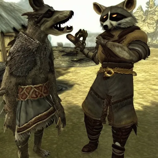 Prompt: a raccoon dragonborn talking to a whiterun guard soldier in skyrim