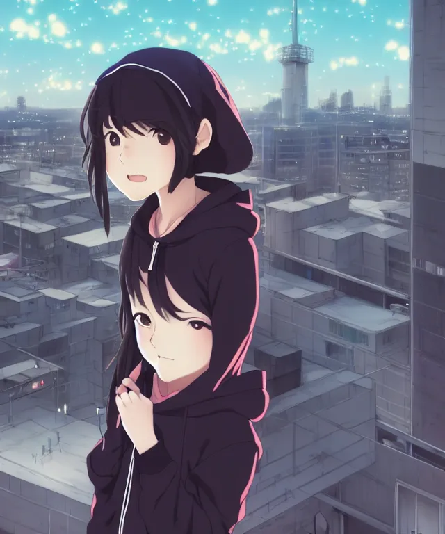 Image similar to anime visual, portrait of a young black haired girl wearing hoodie sightseeing above the urban city, on the school rooftop, guardrail, cute face by yoh yoshinari, katsura masakazu, dramatic lighting, dynamic pose, dynamic perspective, strong silhouette, ilya kuvshinov, moody, detailed