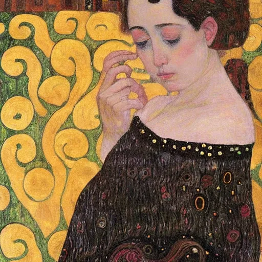 Prompt: a young woman with dark hair looking at her phone. In the style of Gustav Klimt. —w 1024 —N 4