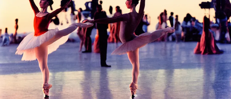 Image similar to contemporary russian ballet performance in los angeles at sunset, at venice beach, event photography, canon 5 0 mm ektachrome