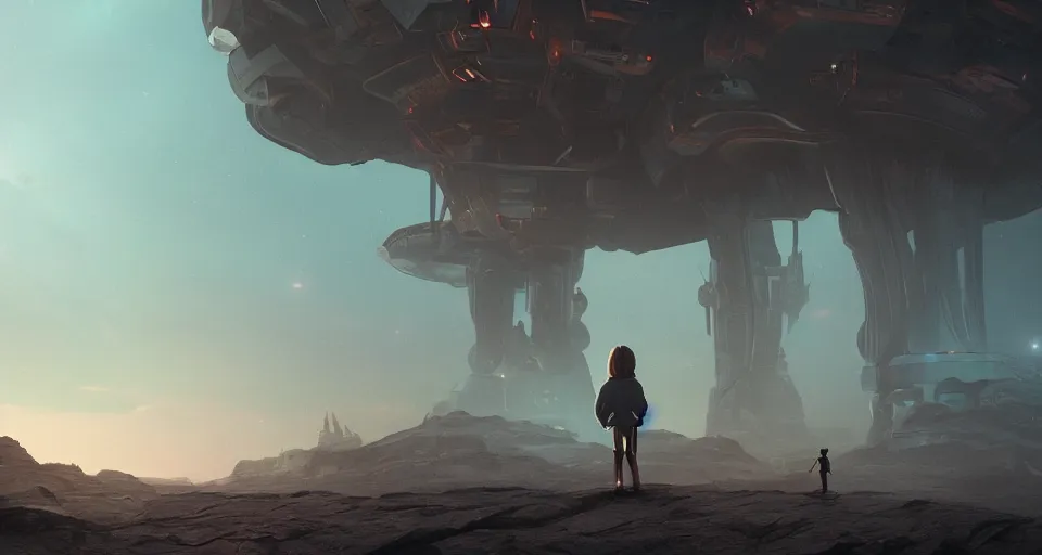 Image similar to beautiful low angle painting of ab alien world with unknown structures and technolog, a tiny girl watching on, moody atmosphere, epic composition, dramatic lighting, trending on artstation, octane render, by robert zemeckis