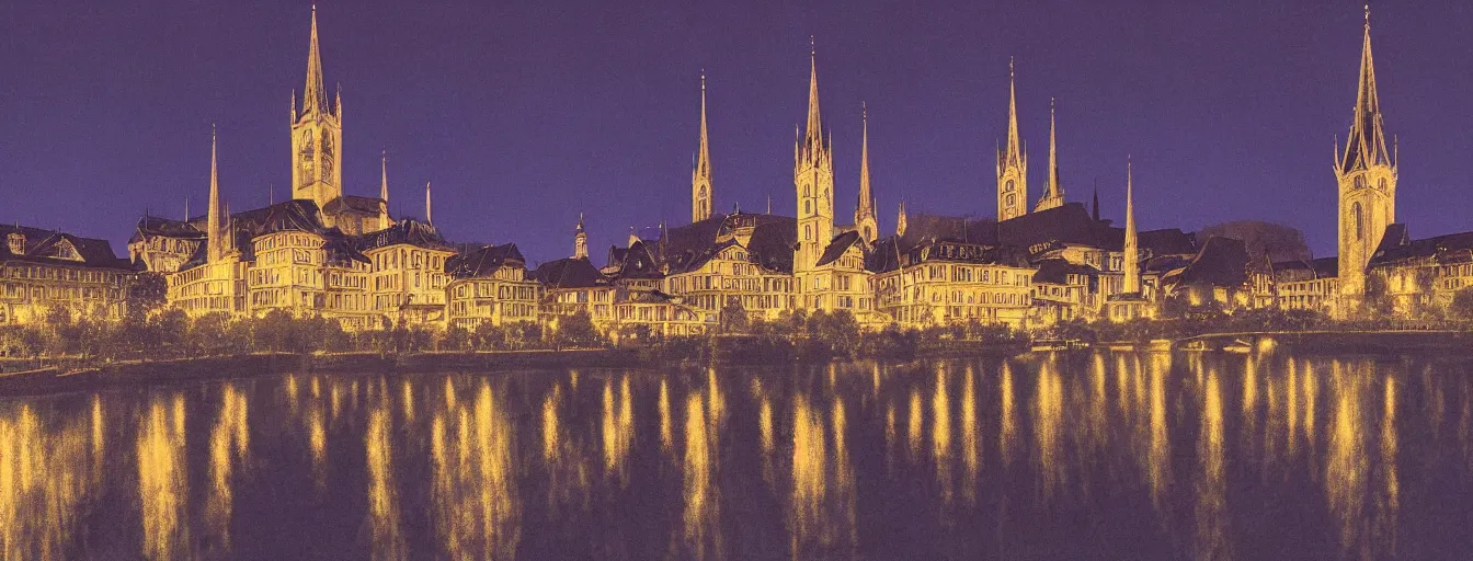 Image similar to Digital painting of Neo-Gothic Zurich, Limmat and the lake at night, wide angle, volumetric light, hyperdetailed, Alsp in the background, artstation, cgsociety, 8k