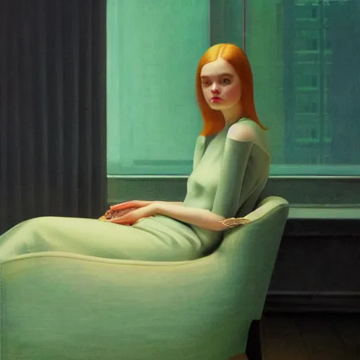 Prompt: Elle Fanning sitting in a green chair at night in the world of Edward Hopper, lamp, extremely detailed masterpiece, oil on canvas, low-key neon lighting, artstation, Blade Runner 2049, Roger Deakin’s cinematography, by J. C. Leyendecker and Peter Paul Rubens,