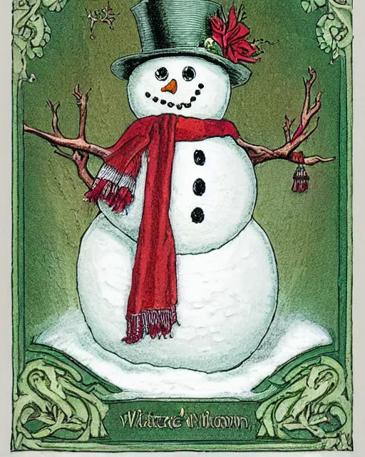 Prompt: traditional victorian snowman illustration greeting card design in maroon and moss green inspired by walter crane, intricately detailed with ultra - hd focus, exquisite, on flat matter crisp paper