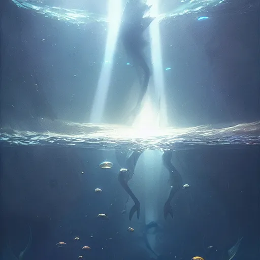 Image similar to falling into the deep, god rays underwater, drowning, artstation, 4k, by greg rutkowski,