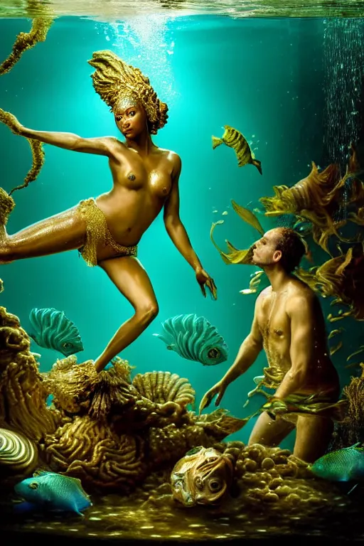 Image similar to hyperrealistic neo - rococo cinematic half underwater scene with fish and algae, very expressive! translucent elegant african goddess getting out of water, gold jewerly, highly detailed face, digital art masterpiece, aykut aydogdu zener, dramatic volumetric light, long shot, low angle uhd 8 k, sharp focus