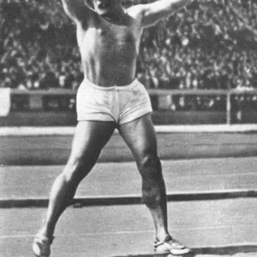 Prompt: peter griffin winning gold for hungary in the 1 9 3 8 berlin olympics, shotput medalist, black - and - white photograph