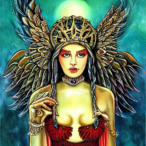 Image similar to an ancient lovecraftian like godess with wings and jewelllery on its head watching silently painting by belksinski