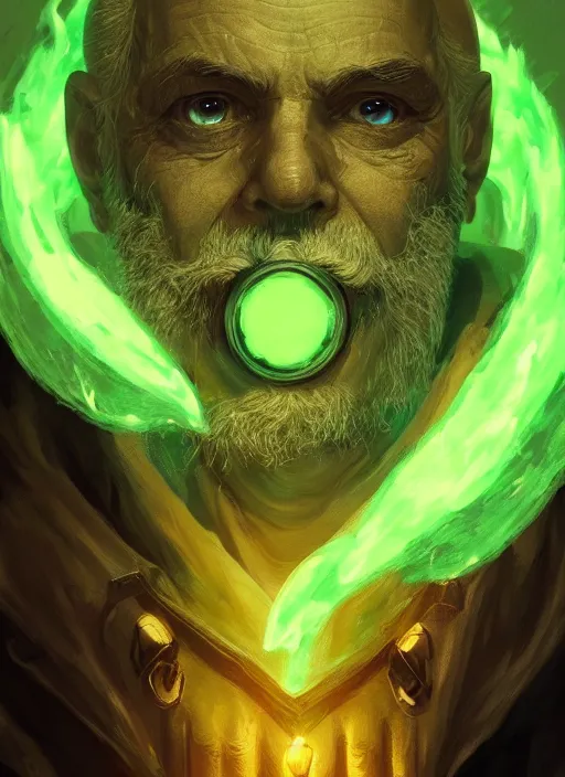 Image similar to a highly detailed illustration of bald old man smoking with green glowing eyes, dramatic smoking pose, nuclear background, intricate, elegant, highly detailed, centered, digital painting, artstation, concept art, smooth, sharp focus, league of legends concept art, wlop.