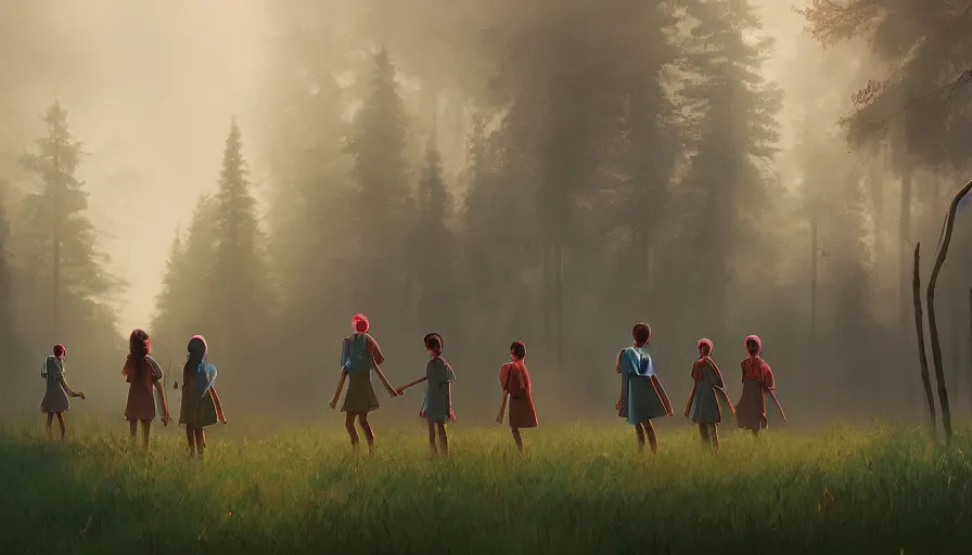 Image similar to kerala school kids wearing gender neutral uniform, an epic fantasy, dramatic lighting, cinematic, establishing shot, extremely high detail, photorealistic, cinematic lighting, artstation, matte painting by simon stalenhag, horizon forbidden west