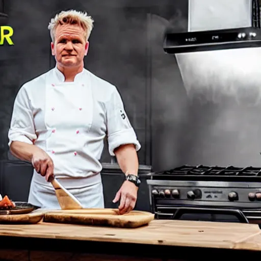 Image similar to hyper real Gordon Ramsey cooking a unicorn in kitchen 4k