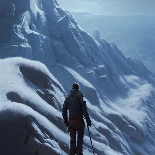 Image similar to a space survivor standing on blizzardy mountains, Matte painting , detailed painting, greg rutkowski