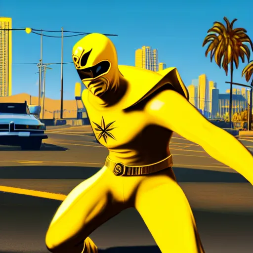 Image similar to yellow ranger in gta v cover art los santos in background, palm trees in the art style of stephen bliss, 4 k