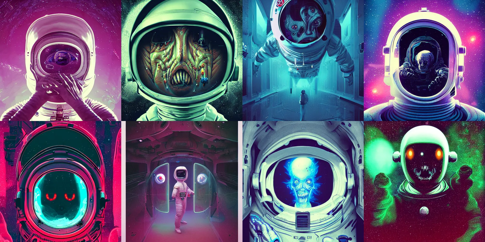Prompt: scary astronaut, horror poster 9 0 s, cosmic horror, abstract, ghostly, arcade, duotone, poltergeist, lets get weird, intricate, elegant, highly detailed, smooth, sharp focus, unreal engine 5, raytracing, art by beeple and mike winkelmann, ultraviolet colors,