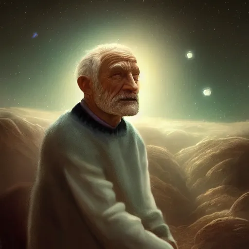 Prompt: a divine old man looking out over the universe, solemn, melancholy, trending on artstation, beautiful matte painting