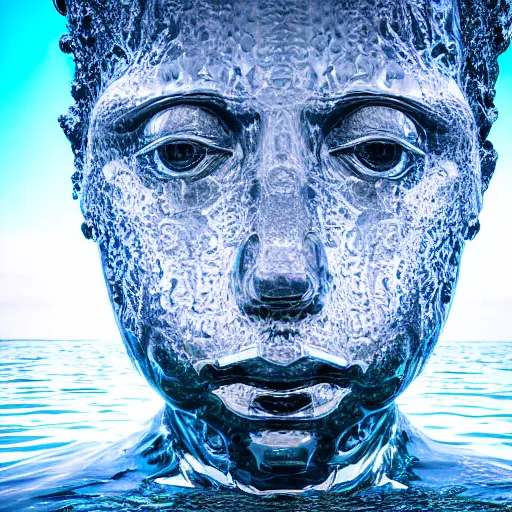 Prompt: a water sculpture in the shape of a human head, on the ocean water, water manipulation, cinematic, in the style of johnson tsang, long shot, hyper detailed, hyper realistic, ray tracing, 8 k resolution, sharp focus, realistic water, award winning