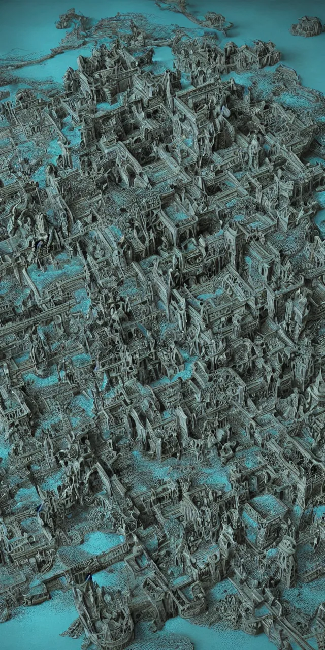 Prompt: an exquisite metallic 3 d map of a lost city of castles, black and teal, intricate, highly detailed, epic, marginalia, unreal engine