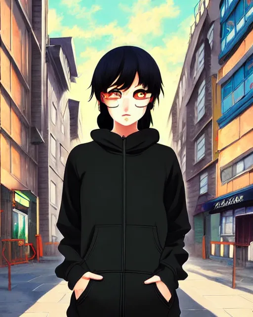 Image similar to black haired girl wearing hoodie, detailed city street background, anime illustration shinkai makoto oil painting