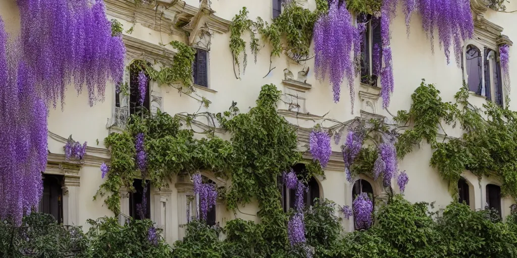 Image similar to photo of a rococo house with wisteria flowers, wallpaper, arhitectural shot, national geographic, award arhitectural photography, professional arhitectural photography, sunny, day time, beautiful, warm light, fernando guerra, tekla evelina severin, karen vikke