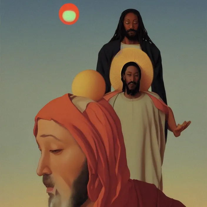 Image similar to a UFO hovering over an African Jesus, portrait painting by Hsiao-Ron Cheng,