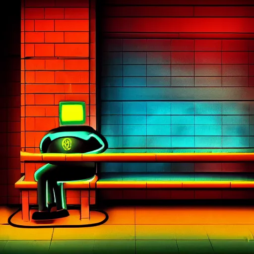 Image similar to vintage phto of a fat robot sitting alone in a streetbench, diezelpunk, cyberpunk, stray, neon lights