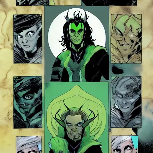 Prompt: The artwork is conceptual artwork for a graphic novel that shows Loki, the god of mischief, in a variety of emotional states. Lee Garbett created the artwork.