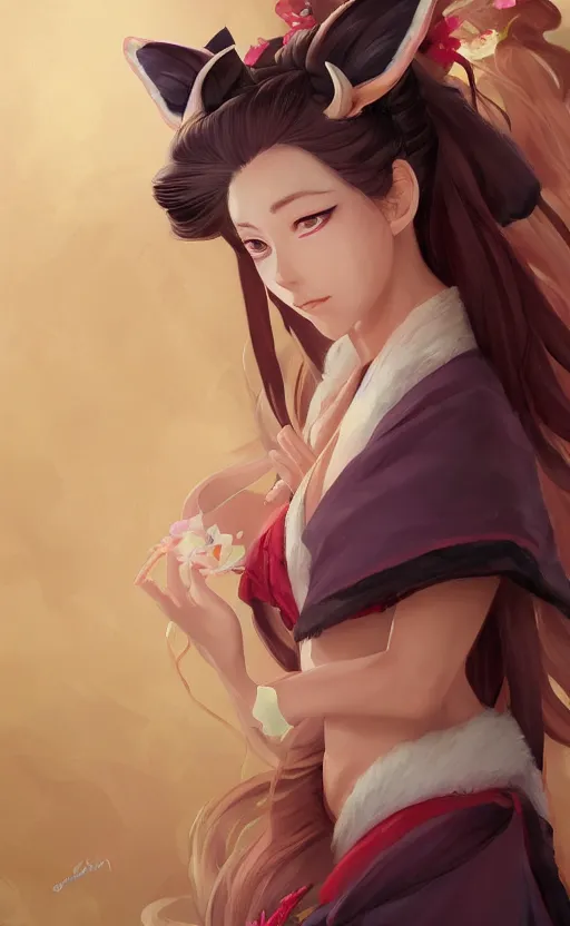 Prompt: A beautiful digital painting of a beautiful young woman with fox ears and nine tails wearing a kimono, anime, visualartzi, Janapese, concept art by Sakimichan, Karla Ortiz, James Paick, Charlie Bowater, Krenz Cushart, trending on artstation, cgstudio
