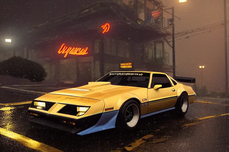 Image similar to hyperdetailed, photorealistic photograph of a 1 9 8 2 pontiac firebird trans - am drifting in the streets, rain, night, dense fog, hd, unreal engine 5 by greg rutowski, by stanley artgerm, by alphonse mucha