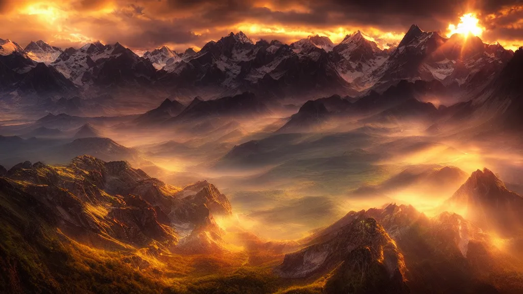 Prompt: amazing landscape photo of an isekai world in sunset by marc adamus, beautiful dramatic lighting