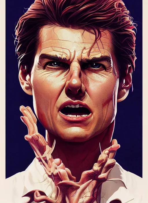 Prompt: poster artwork by Michael Whelan and Tomer Hanuka, Karol Bak of Tom Cruise possessed by the evil BOB, feeding on his insecurities and pain, making him confident and commit unspeakable acts, from scene from Twin Peaks, clean