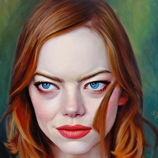 Prompt: emma stone, chthonic portrait, by shulzhenko, nikolay kopeykin, lozhkin, vdovenko, oil painting art