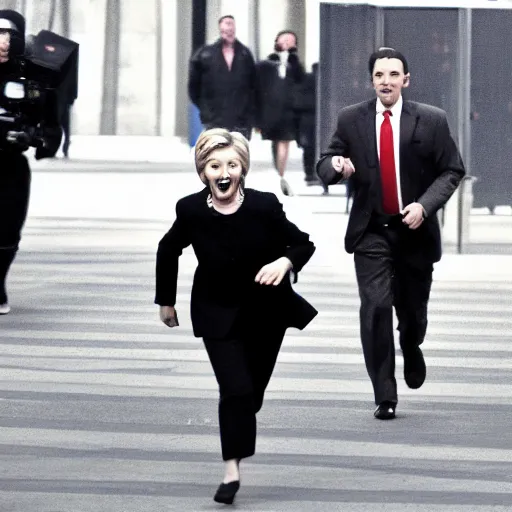 Image similar to large hillary clinton chasing after envelopes running away in fear, cctv footage