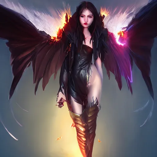 Image similar to young vampire princess with burning wings 4 k high definition gorgeous dramatic lighting artstation trending path traced contrast light and dark cinematic breathtaking by hughes, edward robert, noriyoshi ohrai and hans zatzka