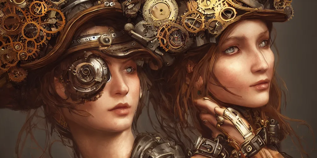 Prompt: steampunk portrait, au naturel, hyper detailed, digital art, trending in artstation, cinematic lighting, studio quality, smooth render, unreal engine 5 rendered, octane rendered, art style by klimt and nixeu and ian sprigger and wlop and krenz cushart.