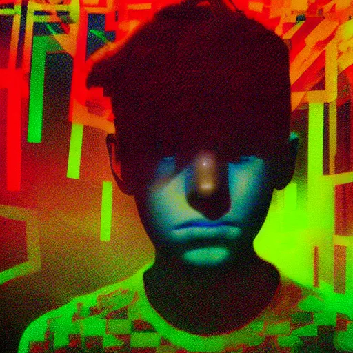 Prompt: portrait of sad kid. glitchcore