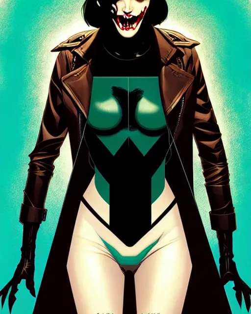 Image similar to Rafael Albuquerque comic cover art, artgerm, Joshua Middleton, pretty Eva Green vampire, sharp vampire teeth, sarcastic smile, symmetrical eyes, symmetrical face, brown leather jacket, jeans, long black hair, full body, building on fire, cool colors