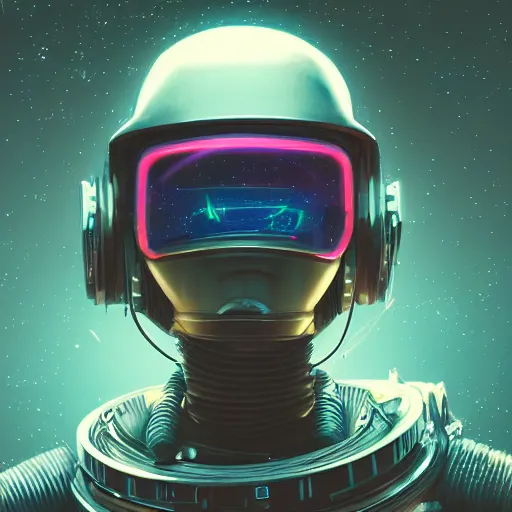 Image similar to cyberpunk astronaut bot, cinema 4 d, galaxy, ufo, space sci - fi, wearing vr goggles, illustration, portrait, pastel neon textured background night, trending on artstation, greg rutkowski, octane rendered, 1 2 k, detailed,