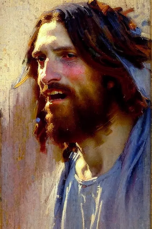 Image similar to impressionist brushstrokes!!!!!!!!! solomon joseph solomon and richard schmid and jeremy lipking victorian loose genre loose painting full length portrait painting of jesus with a slight smile happy inviting